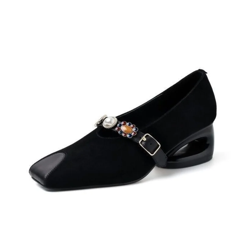 Женские замшевые ботинки с квадратным носком на высоком каблуке зимняя обувь 2025