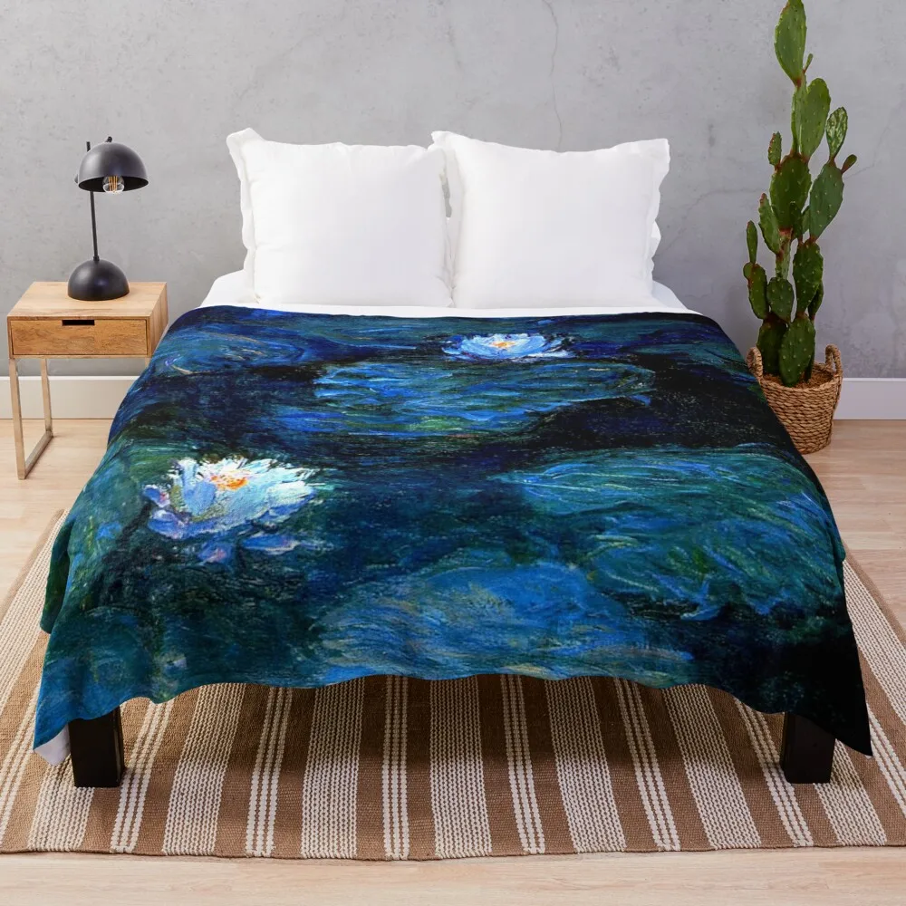 

ВОДНЫЕ ЛИЛИИ Monet, темно-синее одеяло, плед для дивана, теплое мягкое одеяло