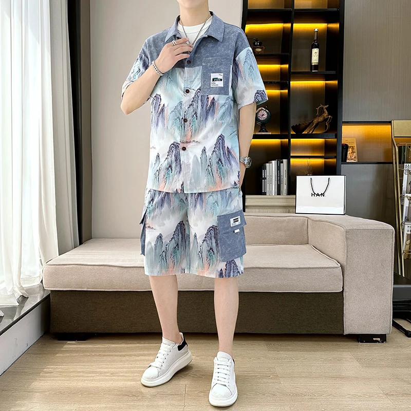 Casual 2023 Summer New Shirts And Shorts Men's Sets Hip Hop Streetwear Loose Two Piece Top Tee&Knee-Length Pant Youth Print Suit