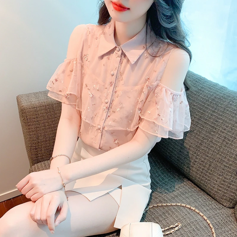 

Модная блузка в Корейском стиле, топы, Женская милая блузка, летняя новая розовая рубашка с открытыми плечами, женская одежда