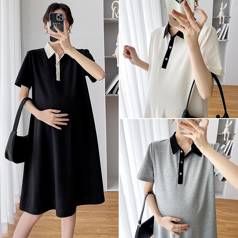 

545# Summer Korean Fashion Casual OL Cotton Maternity Dress A Line Loose T Shirt Clothes for Pregnant Women Pregnancy Dresses