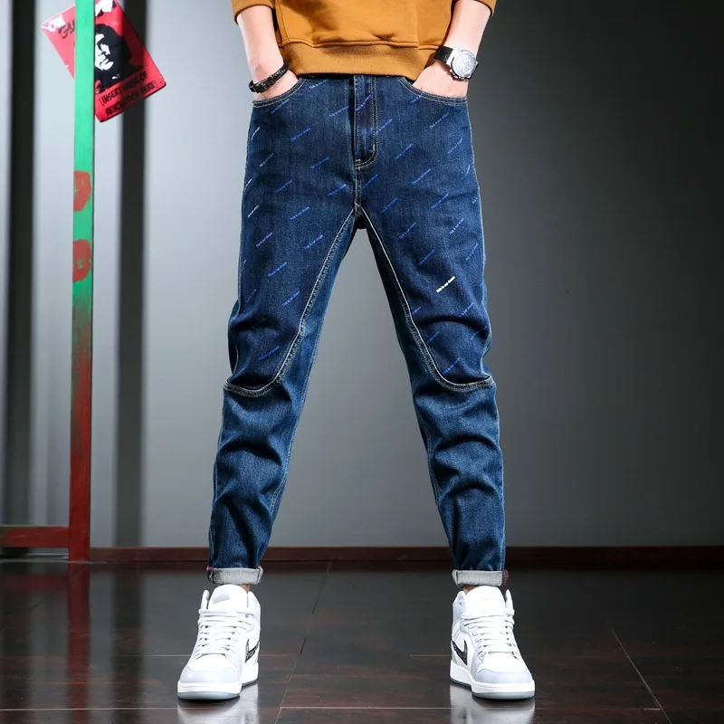 2022 Fashion Patchwork Jeans Men Casual Pencil Pants Blue Printed Jean Korean Style Streetwear Straight Denim Trousers
