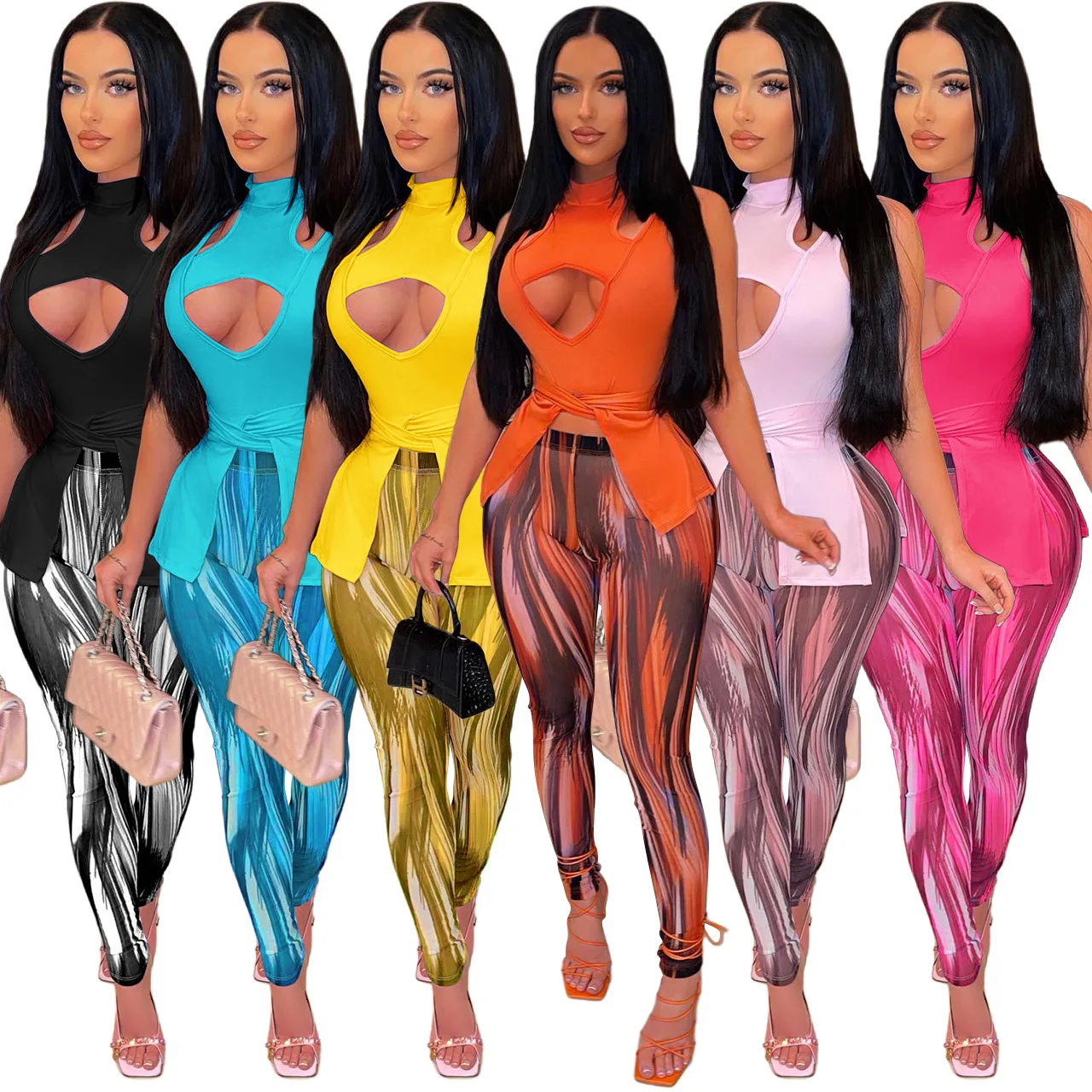 WEIN Wholesale Items for Business 2 Peice Set Women Matching Sets Sleeveless Hollow Out Sexy Top Shirt Print Skinny Pant