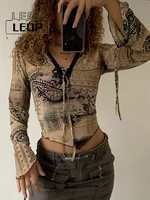 ledp vintage graphic print women t shirt clothes 2022 summer t shirt ladies lace up v neck long flared sleeves short y2k tops
