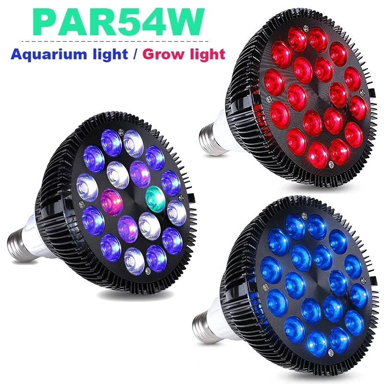 

54W LED Aquarium Light Bulb E27 Full Spectrum Coral Lamp Aquatic Plants Grow Lights For Saltwater Seawater Fish Tank Llighting