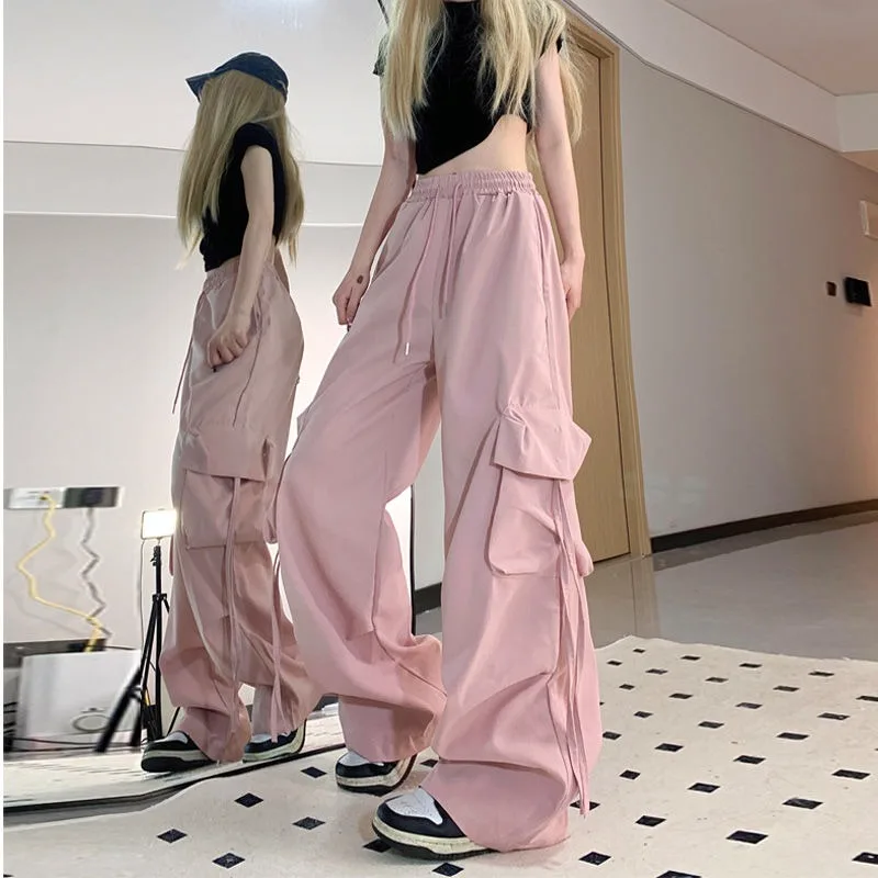 

Женские широкие брюки-карго в стиле Харадзюку Y2k, Мешковатые Черные парашютные штаны в стиле хип-хоп, розовые негабаритные джоггеры, корейские уличные брюки
