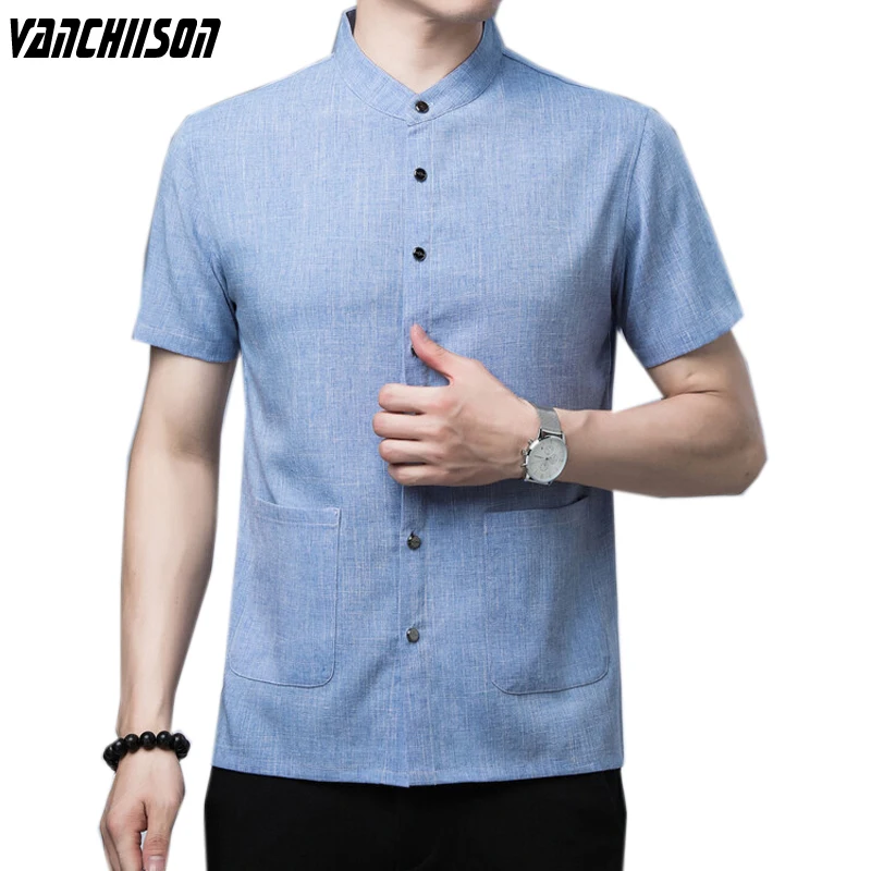 

Men Short Sleeve Shirt Tops Chines Tang Style Stand Collar Solid Linen Breathable Fabric Fashion Male TUF03F02