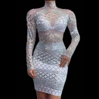 shining sparkly crystal rhinestones long sleeve sexy women sheath dress high neck nightclub prom clothing stage singer costume