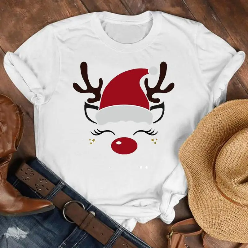 

Women Deer Face Cute Fashion Merry Christmas Holiday Winter Tshirt Nice Top Graphic Pretty Shirt T Tee New Year T-shirt