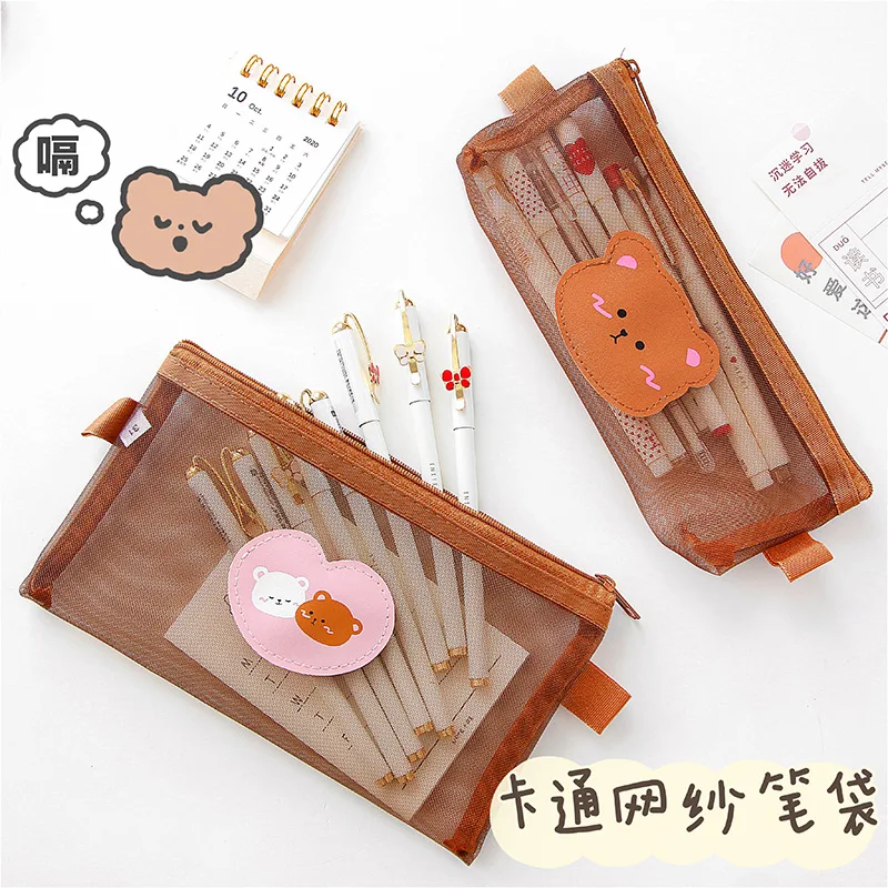 

Kawaii Transparen Bear Mesh Pencil Bag Pens Pouch Storage Case Brush Holder Big Capacity Kids Birthday Gift School Stationery
