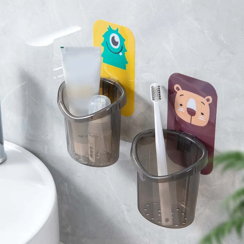 

1Pcs Wall Mounted Toothbrush Holder Cup Cartoon Household bathroom storage toothbrush drain rack Bathroom Organizer Supplies