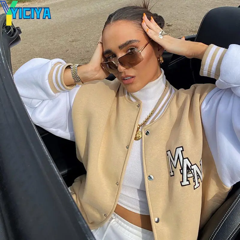 

Женская куртка-бомбер YICIYA, однобортная куртка цвета хаки с вышивкой и надписью, американская бейсбольная брикет
