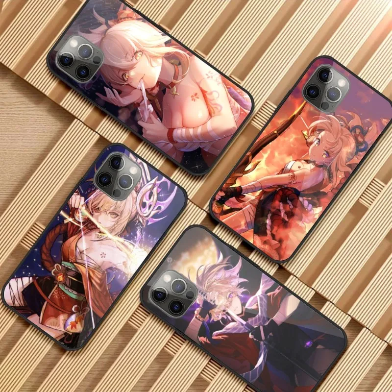 

Чехол для телефона Genshin Impact Yoimiya для iPhone 14 13 12 11 XS X 8 7 6 Plus Mini Pro Max SE 2022, стеклянный чехол для телефона