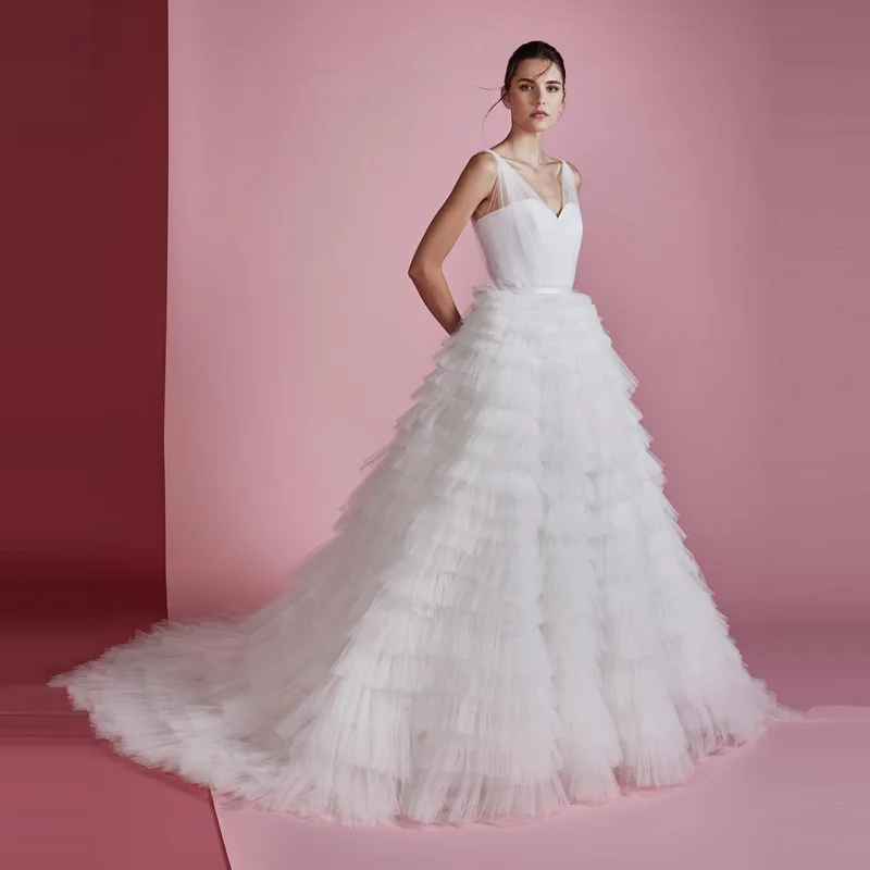 

Gorgeous A Line Lush Mesh Ruffles Tulle Wedding Gowns Fluffy Tiered Pleated Ruffled Tulle Bridal Gown V Neck Illusion Prom Dress
