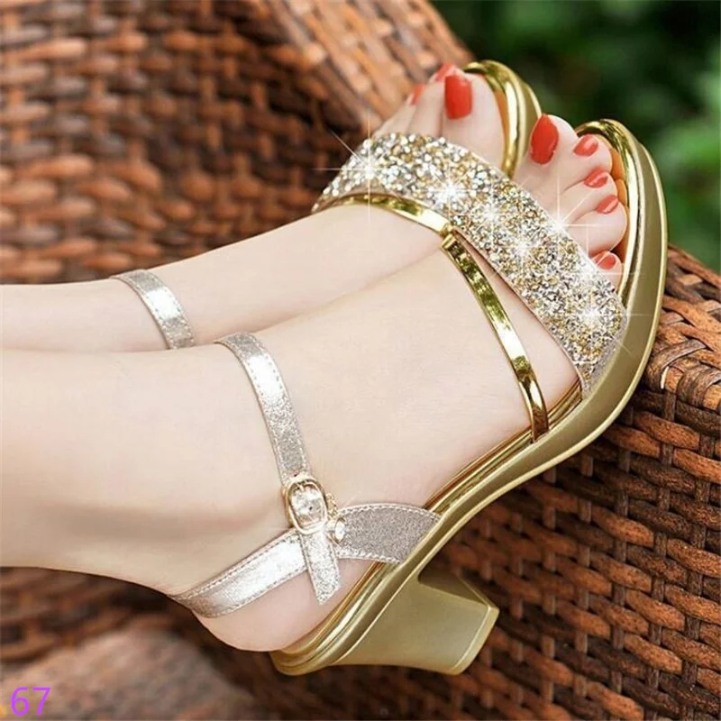 

Sandals Woman New High-heeled Designer Shoes Luxury Women's Sandals Novelties 2023 Buckle Rhinestone Thick with Fish Mouth Gold
