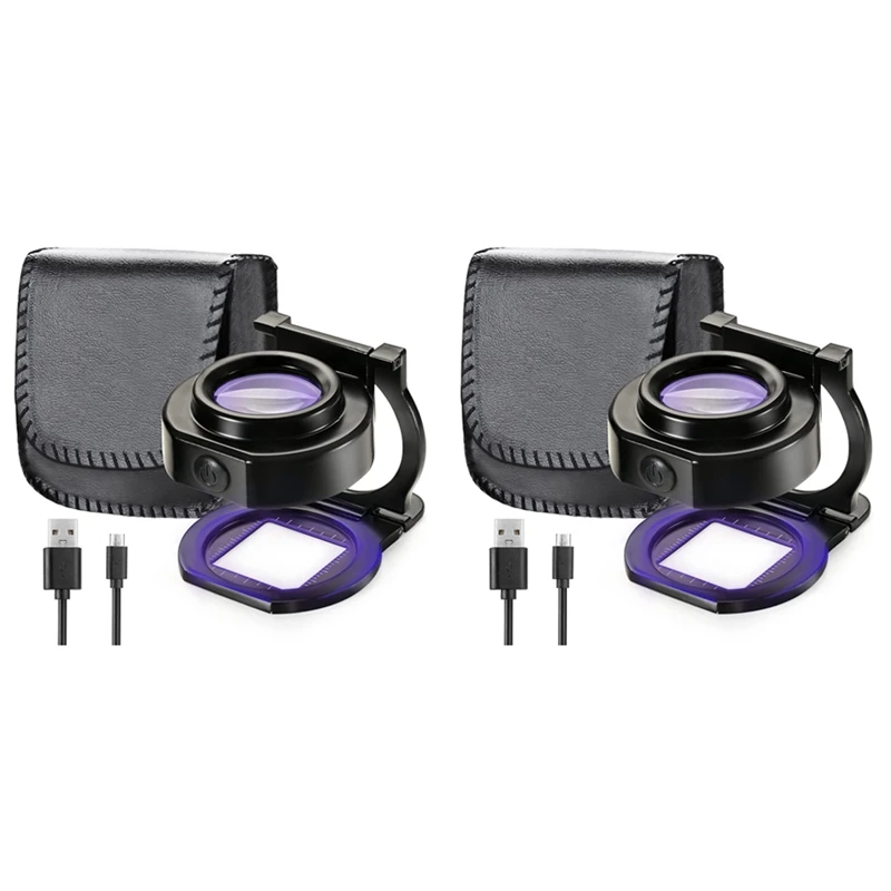 

2Pcs 25X Loupe Magnifier With 6 Light, USB Three-Folding Desktop Portable Metal Eye Loupe Scale Sewing Magnifying Glass