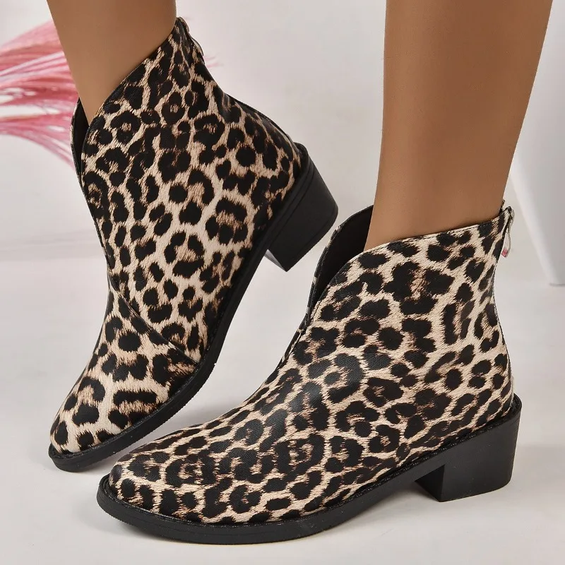 

2023 High Quality Women's Shoes Zip Women's Boots Fashion Leopard Print Modern Boots Women Sexy Pointed Toe Ankle Boots Zapatos