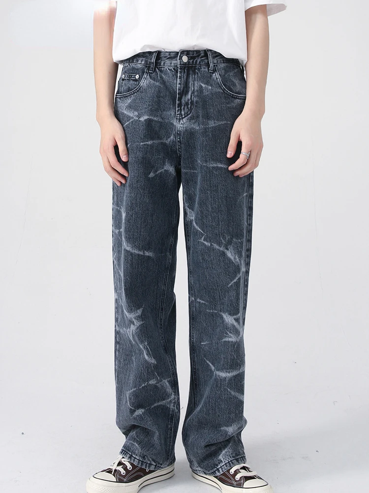

ZCSMLL Men's Pants Autumn New Korean Straight Tie Dyed Mid Rise Casual Jeans Wide Leg High Street Male Trousers L55