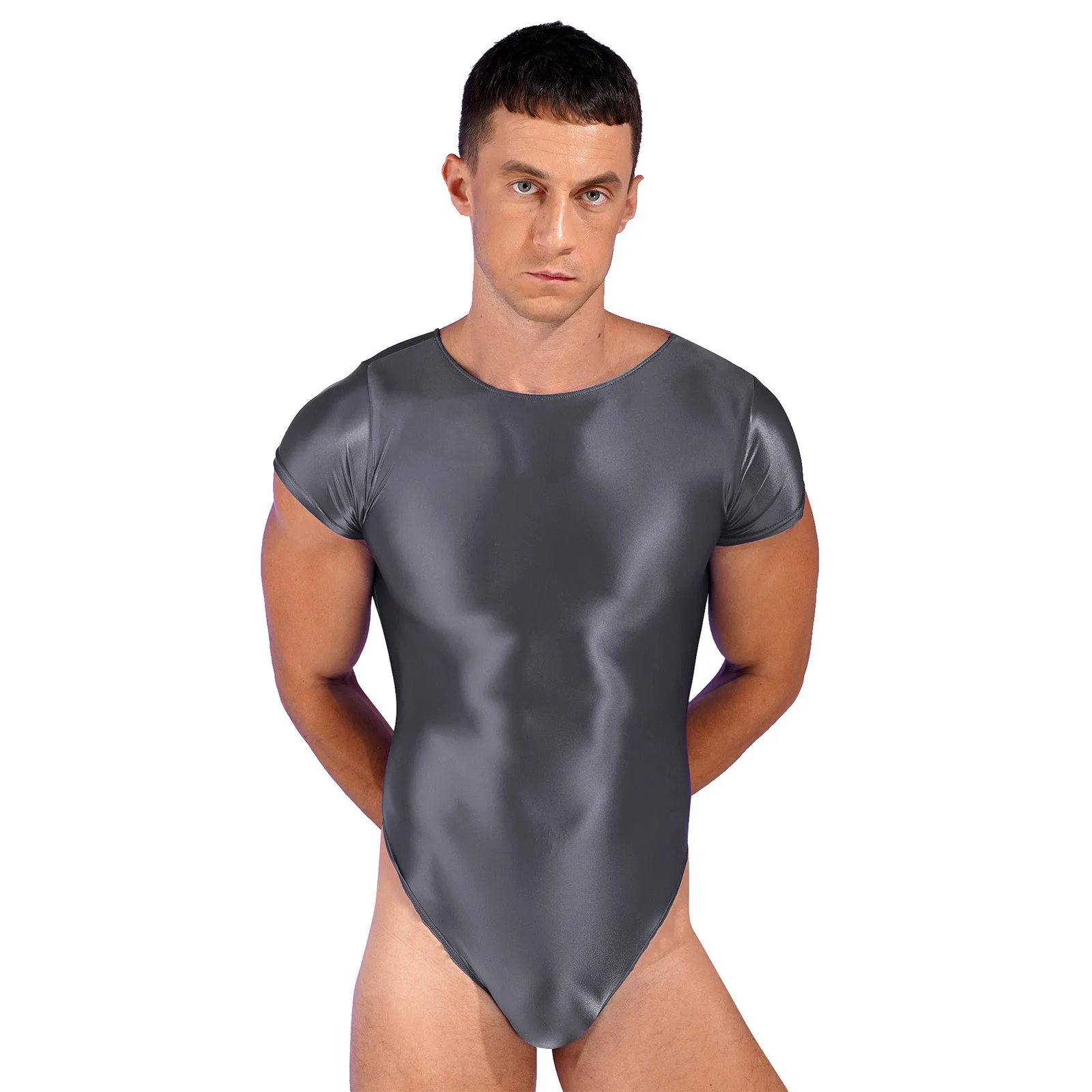 # L-XL мужской глянцевый трико с короткими рукавами цельный купальник высоким