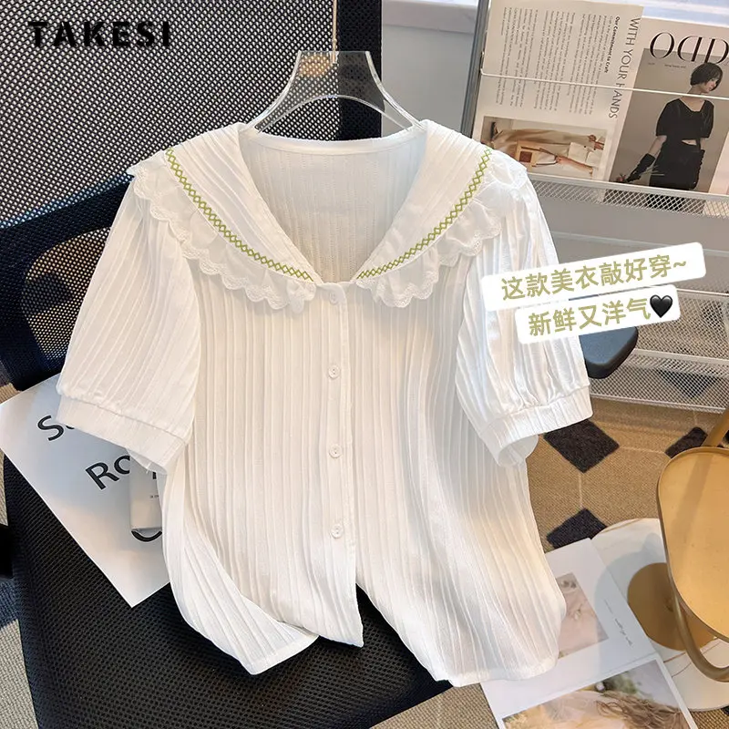 

Блузка женская шифоновая с круглым вырезом, элегантная однотонная Повседневная рубашка в винтажном стиле пэчворк, с коротким рукавом, во французском стиле, лето 2023