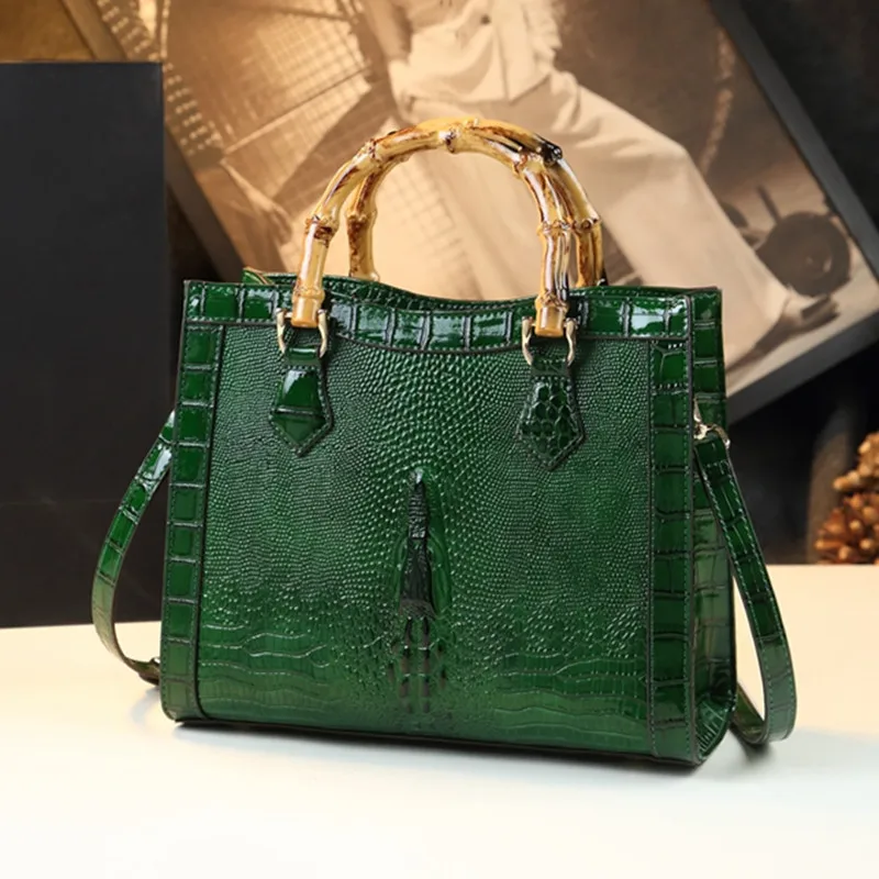 

Роскошная брендовая бамбуковая женская сумка, дамская сумочка из натуральной кожи, модный тоут с крокодиловым узором, мессенджер на плечо