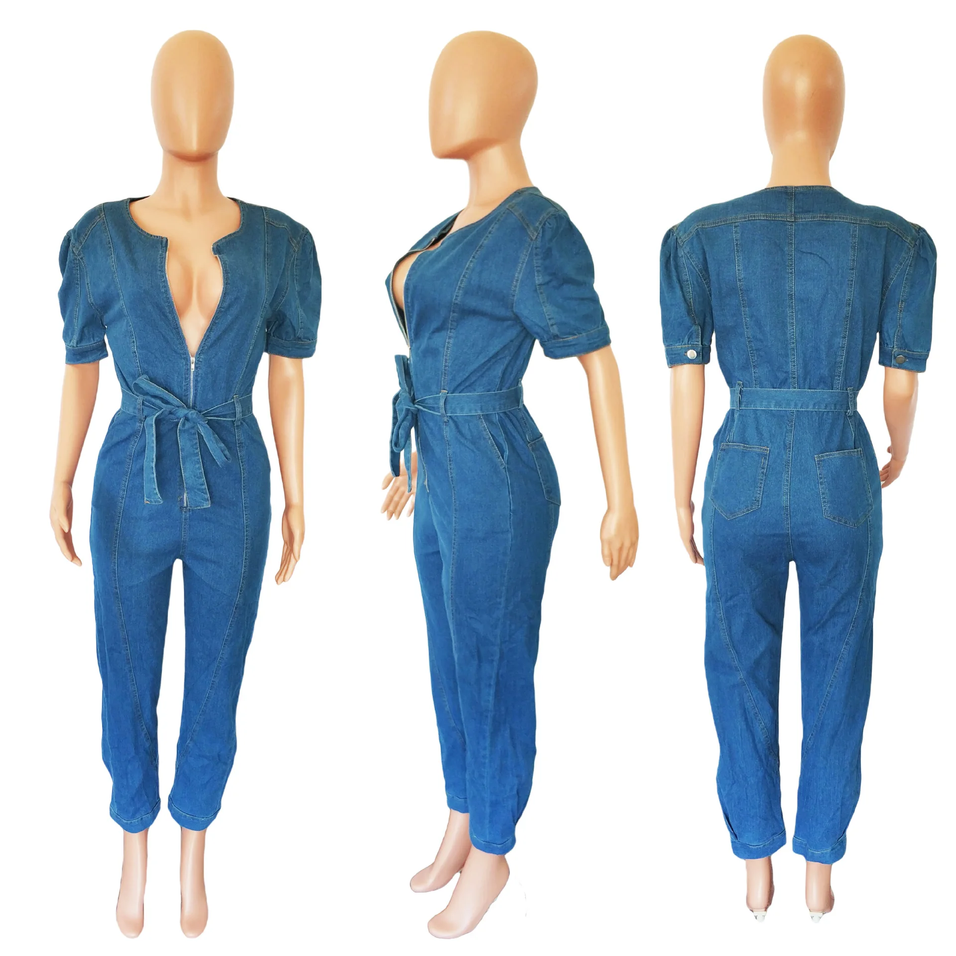 European American 2023 Summer Women's jumpsuit Fashion Women's V-neck Zipper Loose Denim Short Sleeve jumpsuit Street Clothing