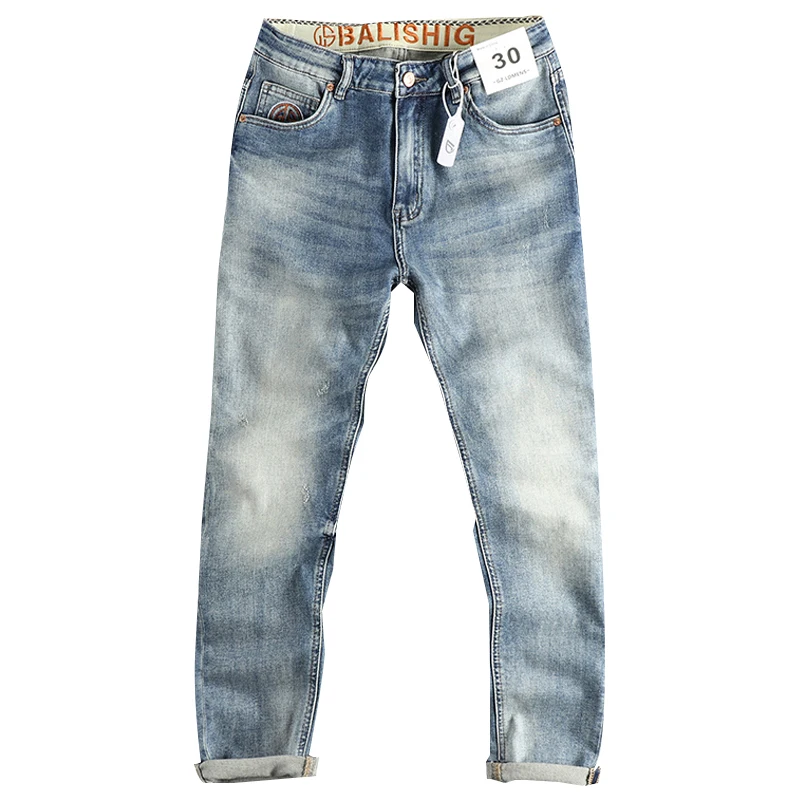Мужские джинсы с вышивкой голубые потертые для мужчин весна 2024 модные облегающие