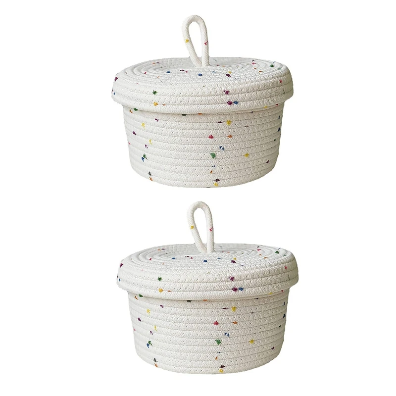 

2X Cotton Rope Storage Basket Small Woven Basket With Lid Storage Woven Storage Organizer Bins For Towels Keys Snack, L
