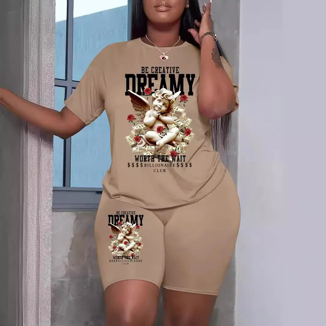 Женские комплекты из двух предметов с шортами Однотонная футболка круглым