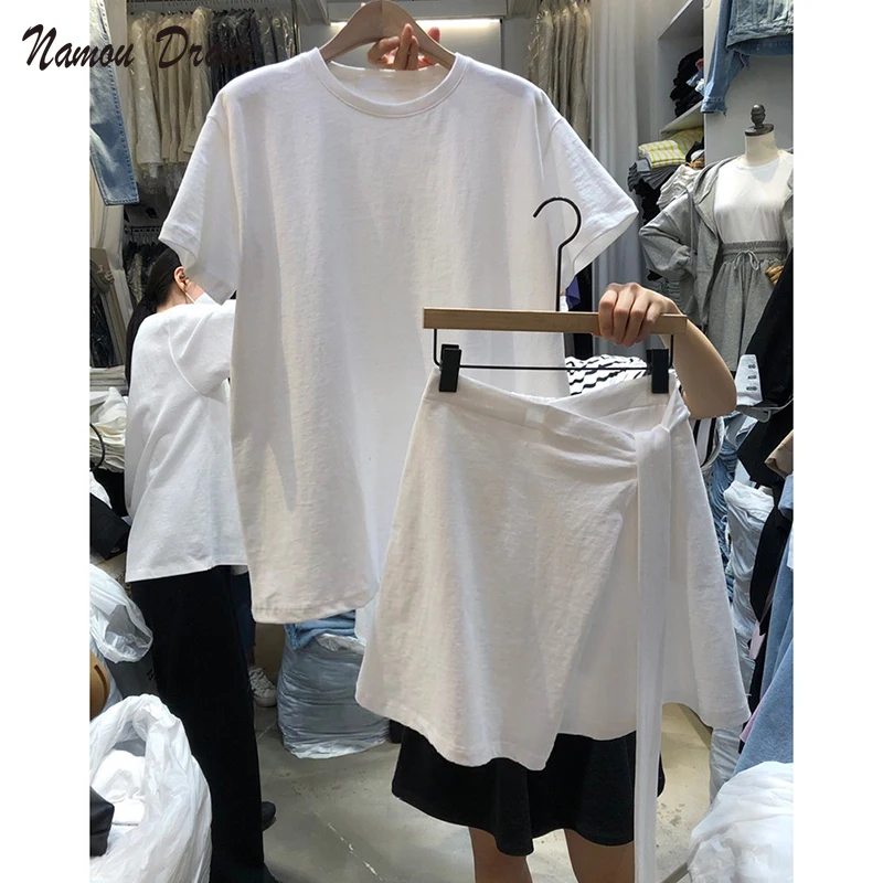

Namou Drane 2022 Summer New Lace-up Skirt + Short Sleeve T-shirt Casual Sports Two-piece Suit for Women Nylon Cotton