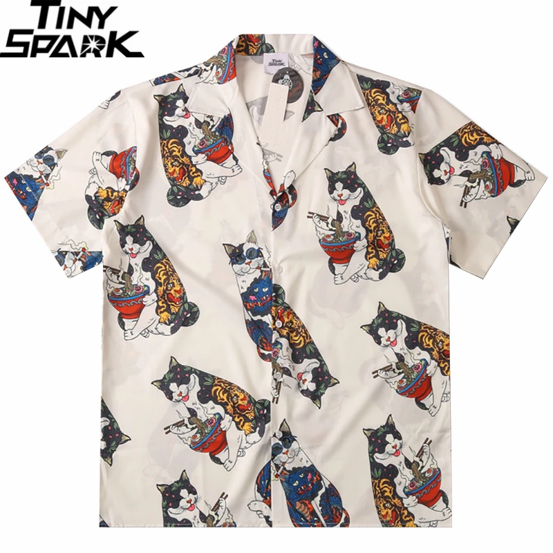 2022 Мужская Уличная рубашка в стиле хип-хоп японская пляжная Harajuku Ukiyoe Smoking Cat с