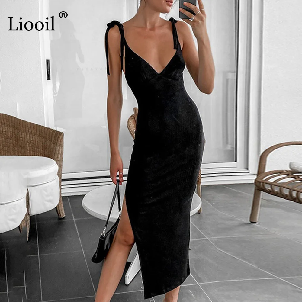

Liooil Knit Ribbed Bodycon Slit Midi Dress Women Spaghetti Strap Sleeveless Backless Lace Up V Neck Knitwear Sexy Skinny Dresses