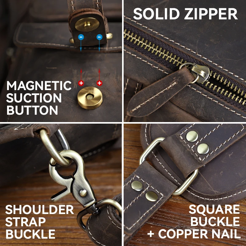 Men's Chest Bag Handmade Genuine Leather Chest Sling Bag Male Cross-Body Bag Travel Crazy Horse Leather Chest Shoulder Bag