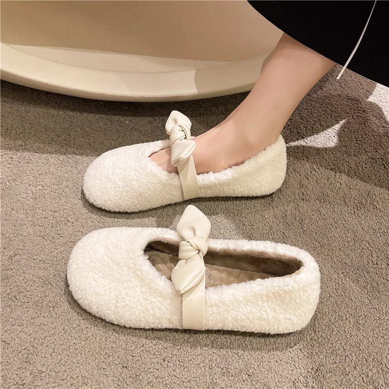 

Round Toe Shoes Woman Flats Casual Female Sneakers Autumn Modis Bow-Knot Slip-on Shallow Mouth Loafers Fur Dress Winter Moccasin