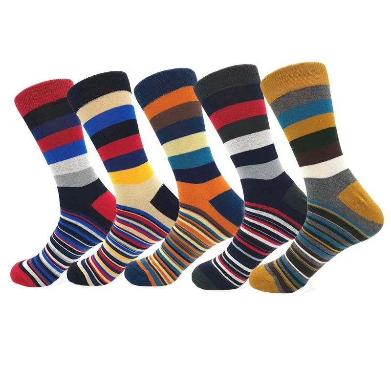 5 Pairs/Pack Fashion Trend Socks Men Cotton Thick Thin Stripes Pattern Retro Socks Business Party Crew Socks