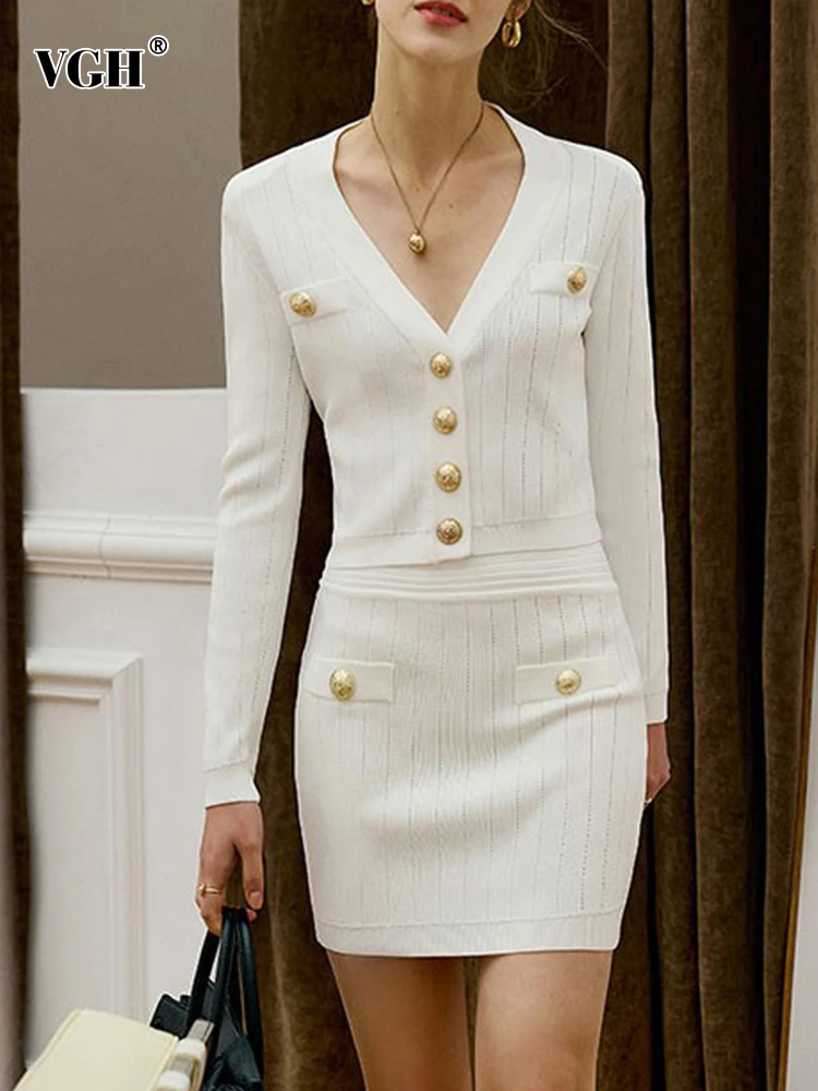 

VGH Elegant Two Piece Set For Women V Neck Long Sleeve Knitted Tops High Waist Mini Bodycon Skirts Female Sets Spring Clothing