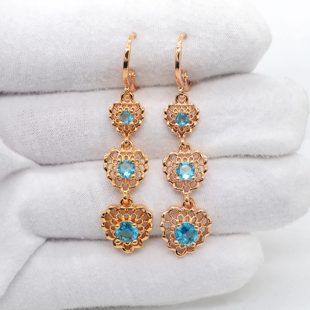 Высокое качество золотого цвета женские модные озеро синие CZ Love Hearts висячие