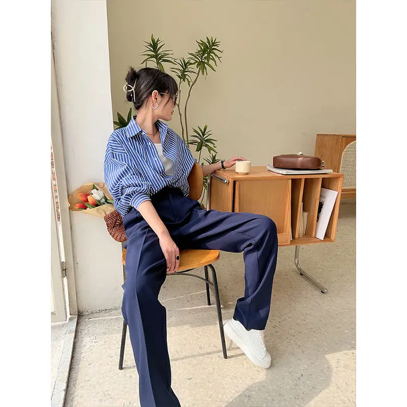 Блузка женская в синюю полоску свободная рубашка-поло на пуговицах с длинным