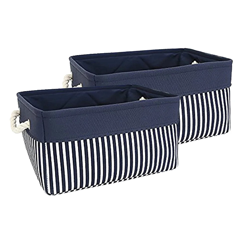 

2 Pack Foldable Blue and White Striped Stitched Storage Basket Toy Storage Basket Home Organizing Basket