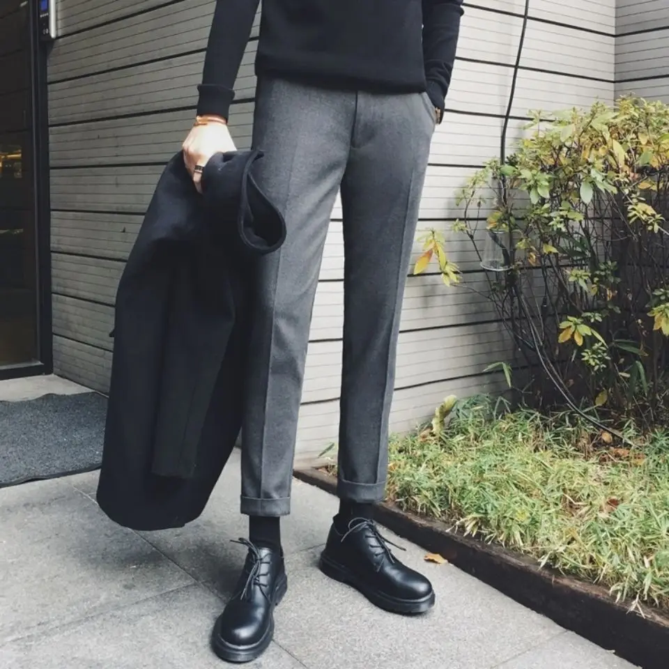 

Men 2022 Autumn Winter New High Waist Woolen Trousers Male Solid Business Casual Pants Men Straight Slim Fit Suit Pants C16