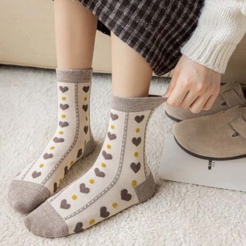 5 Pair Fashion Print Wool Socks For Women Cute Heart Thick Keep Warm Socks Set Cycling Korean Style Kawaii Female Calcetas Mujer