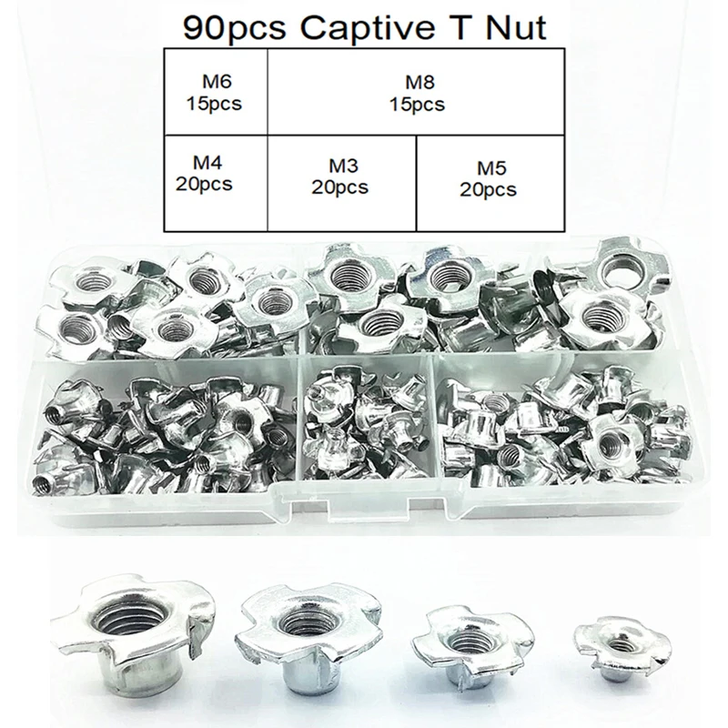 

90pcs M3 M4 M5 M6 M8 Zinc Plated Four Claws Nut Speaker T-nut Blind Pronged Insert Tee Nut Inserts Furniture Hardware