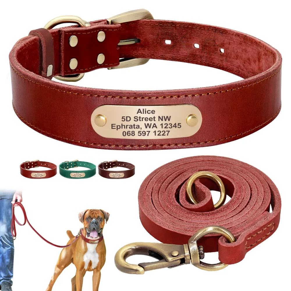 

2023NEW Custom Leather Dog Collar Leash Set Personalized Pet Collar Leash Free Engraved Nameplate For Small Medium Large Dogs