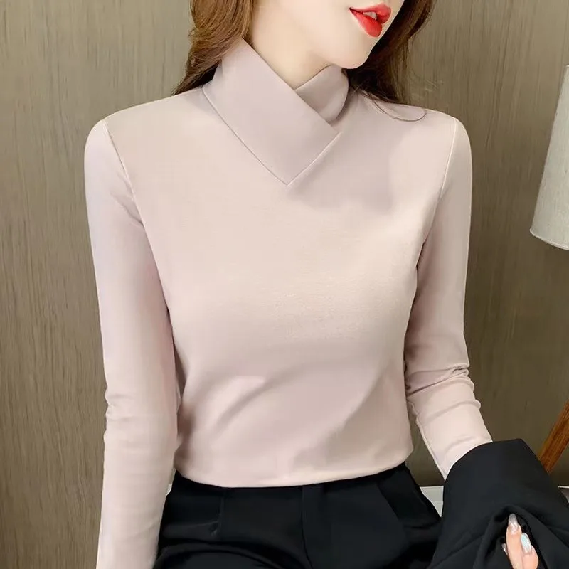 

Stand-up Collar Long-sleeved Stretch T-shirt Women's Fall/winter Fleece Padded Warm Basic Pullover Bottoming Shirt Fashion Top