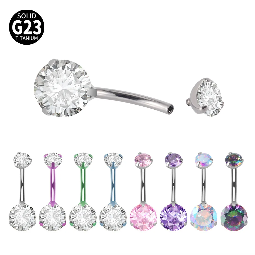 

2pcs G23 Titanium Belly Button Rings Navel Piercing Double Round Cubic Zirconia 14g Internal Thread Belly Rings Body Jewelry