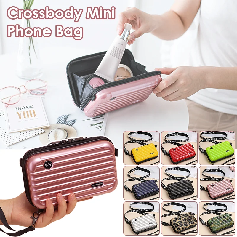 Women Hard Shell Cosmetic Phone Bag Mini Suitcase Toiletry Luggage Shape Bag Crossbody Bag Shoulder Purse Crossbody Make Up Bag