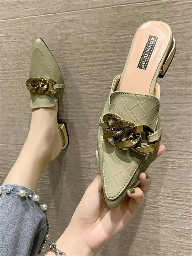 

Shoes Woman 2022 Female Mule Med Cover Toe Pantofle Rivet Square heel Loafers Slippers Soft Low Mules New Block Comfort Metal De