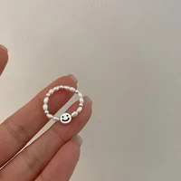 elastic imitation pearls beads silver color smiley face rings for women trendy fashion korean personality elegant party jewelry