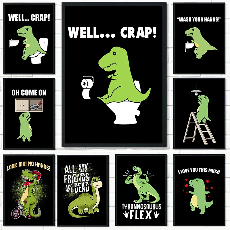 

Мультяшный постер с динозавром, забавный знак в туалете, тираннозавр, гибкие картины, печать на холсте, картина для ванной, детской, домашний...