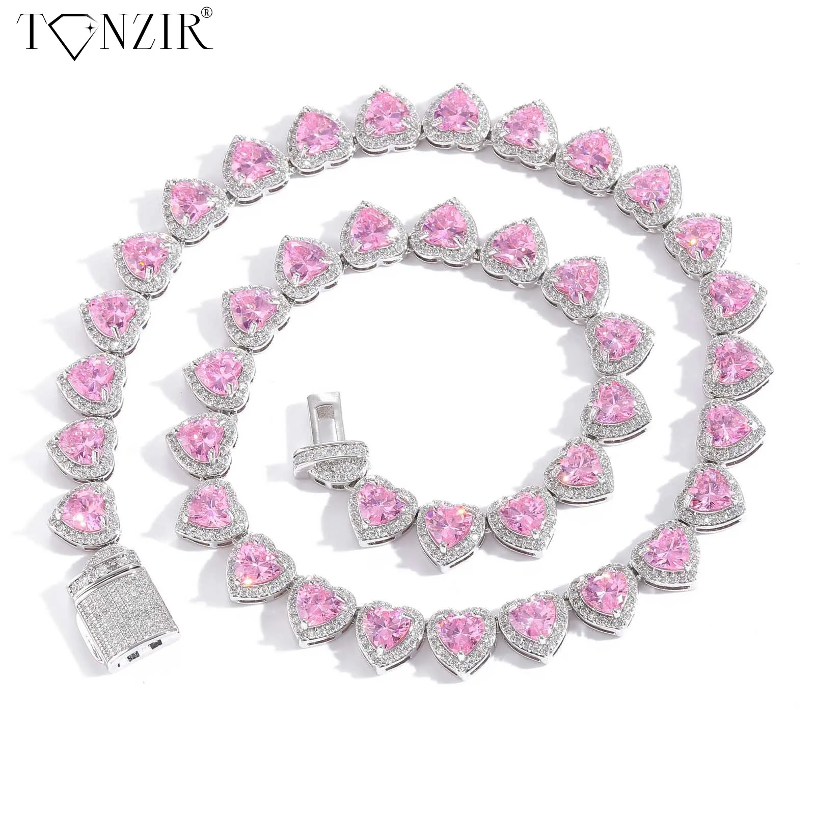 

Hip-hop 10mm heart-shaped micro-set pink zircon necklace, personalized for men women hip-hop accessories.